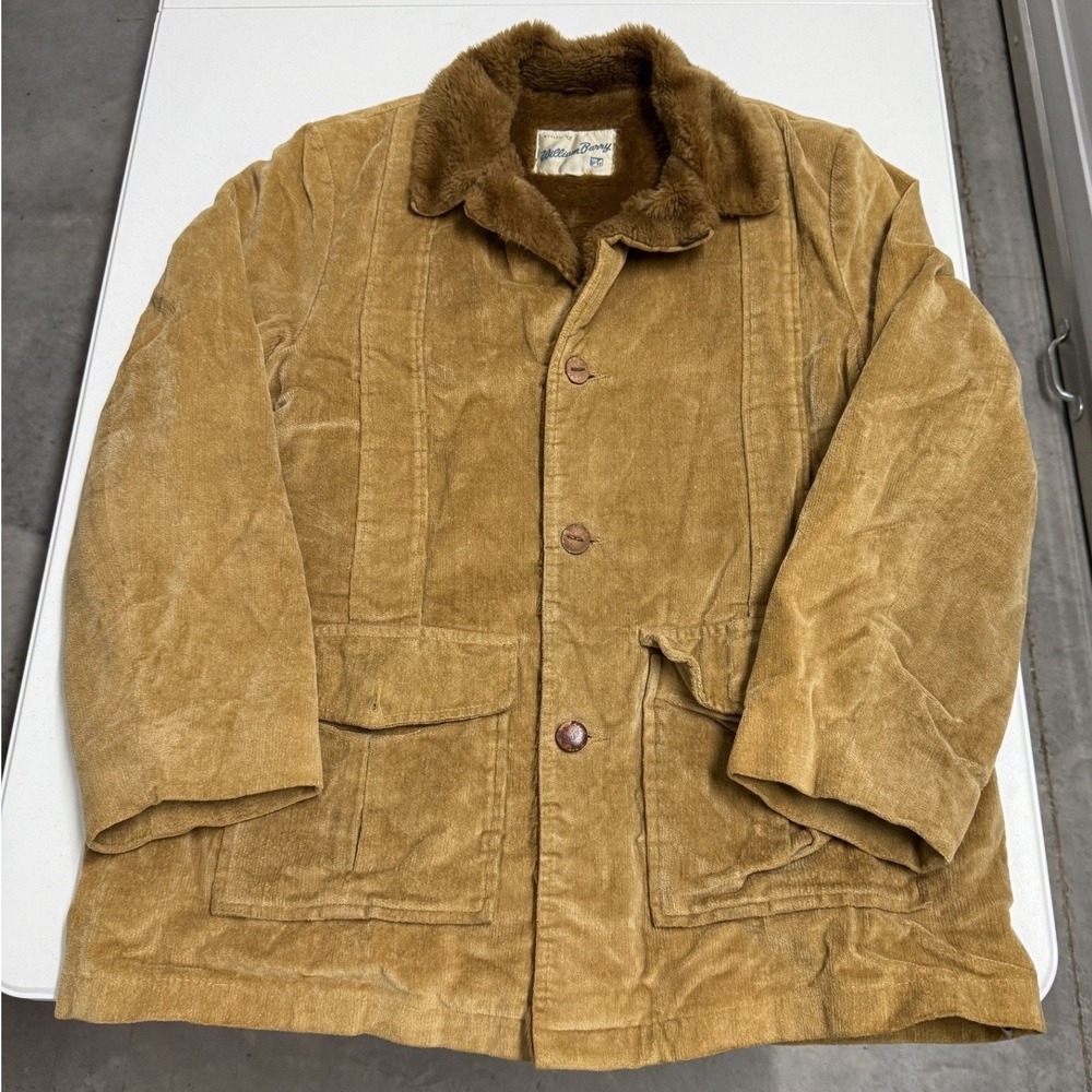 William Barry‎ Corduroy Jacket Mens 42 Tan Good Faux Fur Collar Vintage Coat